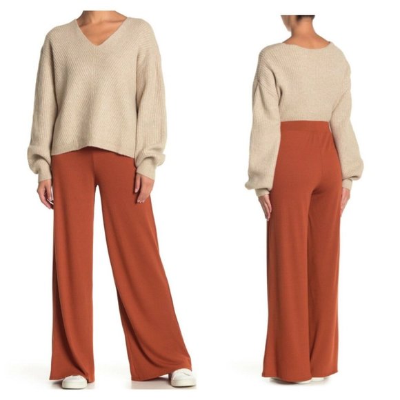 Velvet Torch Cognac Ribbed Wide Leg Palazzo Pants - Picture 1 of 7